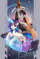 Size: 2605x3811 | Tagged: safe, artist:makaronder, dj pon-3, octavia melody, vinyl scratch, earth pony, pony, unicorn, g4, bow (instrument), bowtie, cello, duo, duo female, female, high res, hoof hold, horn, looking at you, mare, musical instrument, octavia's bowtie, open mouth, open smile, smiling, sunglasses, vinyl's glasses