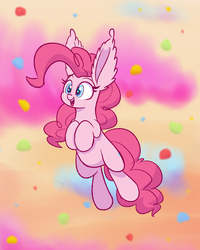 Size: 1600x2000 | Tagged: safe, artist:heir-of-rick, pinkie pie, earth pony, pony, g4, abstract background, big ears, ear fluff, female, floating, impossibly large ears, mare, smiling, solo