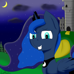 Size: 2000x2000 | Tagged: safe, artist:luriel maelstrom, princess luna, alicorn, pony, g4, castle, cloud, crescent moon, ethereal mane, female, high res, hill, looking at you, moon, moonlight, night, night sky, signature, simple background, sky, smiling, solo, starry mane, stars