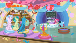 Size: 1280x720 | Tagged: safe, screencap, gallus, ocellus, pinkie pie, sandbar, silverstream, smolder, yona, classical hippogriff, earth pony, griffon, hippogriff, pony, g4, season 8, female, male, nickelodeon, party cannon, student six, theme song