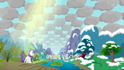 Size: 1440x810 | Tagged: safe, screencap, rarity, pony, unicorn, g4, magical mystery cure, apple tree, checkered clouds, cloud, cloudy, crepuscular rays, female, looking up, mare, ponyville, sky, solo, tree, what my cutie mark is telling me