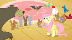 Size: 1440x812 | Tagged: safe, screencap, fluttershy, harry, bat, bear, bird, blue jay, chicken, mouse, pegasus, pony, rabbit, squirrel, g4, magical mystery cure, animal, butt, female, flying, fork, mare, plot, rug, spoon, spread wings, wings
