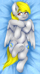 Size: 1574x2913 | Tagged: safe, artist:littlebird, oc, oc only, pegasus, pony, bed, body pillow, body pillow design, commission, digital art, ear fluff, female, high res, lip bite, mare, on back, solo, ych result