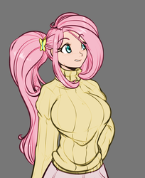 Size: 1282x1573 | Tagged: safe, artist:scorpdk, edit, fluttershy, human, g4, alternate hairstyle, anime, aside glance, big breasts, blushing, breasts, busty fluttershy, clothes, colored, eyebrows, eyebrows visible through hair, female, gray background, grin, hair tie, hairpin, hand on hip, humanized, lip bite, nervous, ponytail, simple background, smiling, soft color, solo, standing, sweat, sweatdrop, sweater, sweater puppies, sweatershy, turtleneck
