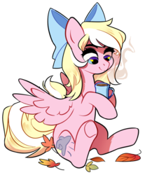 Size: 837x1010 | Tagged: safe, artist:sevedie, oc, oc only, oc:bay breeze, pegasus, pony, bow, cute, female, food, hair bow, leaves, mare, simple background, sitting, tea, transparent background, ych result