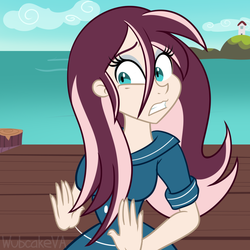 Size: 1000x1000 | Tagged: dead source, safe, artist:wubcakeva, oc, oc only, oc:rosalie, equestria girls, g4, clothes, equestria girls-ified, female, ocean, pier, scared, solo, water