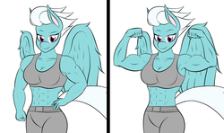 Size: 2520x1490 | Tagged: safe, artist:calm wind, artist:matchstickman, fleetfoot, anthro, g4, 1000 years in photoshop, abs, armpits, biceps, breasts, cleavage, clothes, female, fleetflex, flexing, midriff, muscles, solo, sports bra, workout outfit