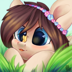 Size: 5000x5000 | Tagged: safe, artist:alphadesu, oc, oc only, oc:tulip (pandorasia), butterfly, pony, absurd resolution, blushing, butterfly on nose, cute, female, floral head wreath, flower, flower in hair, grass, insect on nose, mare, open mouth, sky, solo, ych result