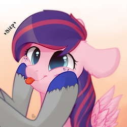 Size: 5000x5000 | Tagged: safe, artist:alphadesu, oc, pegasus, pony, :p, absurd resolution, cheek squish, cute, female, freckles, gradient background, mare, silly, squishy cheeks, tongue out, unshorn fetlocks, ych result