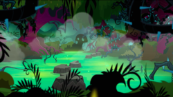 Size: 1440x811 | Tagged: safe, screencap, g4, princess twilight sparkle (episode), black vine, everfree forest, forest, no pony, pond, stepping stones, water