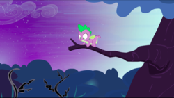 Size: 1440x814 | Tagged: safe, screencap, spike, dragon, g4, princess twilight sparkle (episode), all fours, black vine, claws, looking down, male, quadrupedal spike, solo, tree branch, twilight (astronomy)