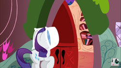 Size: 1920x1080 | Tagged: safe, screencap, rarity, pony, g4, female, fluffle puff tales, golden oaks library, pillow, pillow fight, solo, watermark