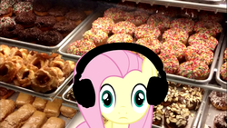 Size: 1920x1080 | Tagged: safe, fluttershy, pegasus, pony, g4, donut, female, food, headphones, mare, solo, sprinkles, vannamelon, wat