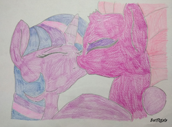 Size: 4000x2956 | Tagged: safe, artist:swiftgaiathebrony, tempest shadow, twilight sparkle, g4, my little pony: the movie, female, kissing, lesbian, ship:tempestlight, shipping, traditional art