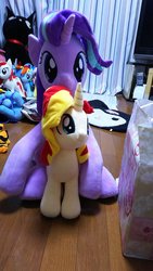 Size: 675x1200 | Tagged: safe, artist:nekokevin, rainbow dash, starlight glimmer, sunset shimmer, oc, oc:poniko, earth pony, pegasus, pony, unicorn, series:nekokevin's glimmy, g4, female, irl, looking at you, mare, photo, plushie, sitting, size difference, smiling