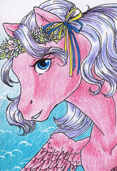 Size: 400x586 | Tagged: safe, artist:shaiyeh, north star (g1), pegasus, pony, g1, aceo, female, floral head wreath, flower, mare, solo, traditional art