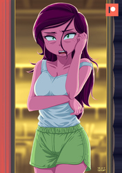 Size: 707x1000 | Tagged: safe, alternate version, artist:uotapo, gloriosa daisy, equestria girls, g4, my little pony equestria girls: legend of everfree, bags under eyes, breasts, clothes, female, freckles, looking at you, night, open mouth, partly unstrapped, patreon, patreon logo, shorts, shrunken pupils, sleepy, solo, tank top, thighs, tired