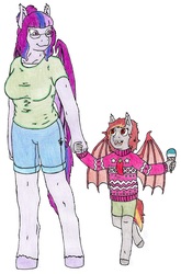 Size: 2052x3112 | Tagged: safe, artist:deathless-master, oc, oc:antique rose, oc:pepper zest, bat pony, anthro, unguligrade anthro, anthro oc, bat pony oc, clothes, female, filly, food, glasses, grandmother, grandmother and grandchild, grandmother and granddaughter, high res, ice cream, mare, offspring, parent:oc:savory zest, parent:oc:scarlet quill, parents:oc x oc, parents:scarlory, shirt, simple background, sweater, traditional art, white background