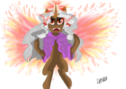 Size: 4092x2893 | Tagged: safe, artist:ghouleh, oc, oc only, oc:broken hourglass, oc:grand fields, phoenix, pony, unicorn, edgy, fantasy, female, fire, mare, simple background, solo, transparent background