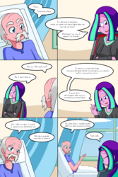 Size: 1050x1575 | Tagged: safe, artist:jake heritagu, aria blaze, oc, oc:smooth tone, comic:aria's archives, comic:nursing home, equestria girls, g4, chair, clothes, comic, curtains, dialogue, female, hoodie, male, mother and son, offspring, parent:aria blaze, speech bubble, window