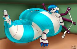 Size: 3170x2044 | Tagged: safe, artist:the-furry-railfan, dj pon-3, octavia melody, vinyl scratch, dragon, earth pony, original species, pony, g4, :p, air nozzle, bagpipe dragon, bagpipes, belly, belly bed, dragonified, growth, high res, impossibly large belly, indoors, inflatable, inflation, lying down, musical instrument, pool toy, resting, silly, size difference, species swap, squishy, tartan, tongue out, transformation