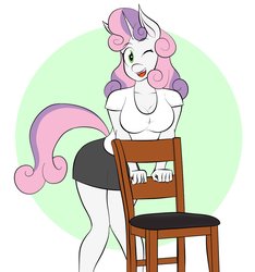 Size: 1403x1502 | Tagged: safe, artist:matchstickman, sweetie belle, anthro, g4, breasts, chair, clothes, cute, female, legs, looking at you, miniskirt, older, one eye closed, shirt, simple background, skirt, solo, t-shirt, wink