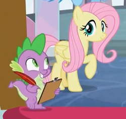 Size: 399x376 | Tagged: safe, screencap, fluttershy, spike, dragon, pegasus, pony, g4, season 8, clipboard, cropped, cute, duo, female, looking at you, male, mare, quill pen, raised hoof, smiling, theme song, wink