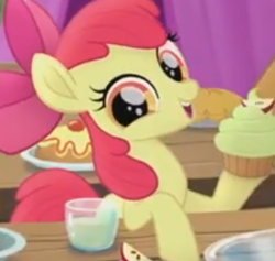 Size: 301x285 | Tagged: safe, screencap, apple bloom, earth pony, pony, g4, my little pony: the movie, cropped, cupcake, female, food, solo