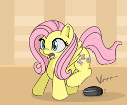 Size: 725x597 | Tagged: safe, artist:treekickerdraws, fluttershy, pegasus, pony, g4, adorable distress, cute, female, mare, open mouth, roomba, roombashy, shyabetes, solo, startled, surprised, vrrr, wings