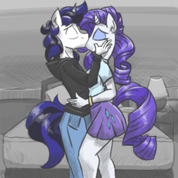 Size: 1200x1200 | Tagged: safe, artist:flutterthrash, rarity, oc, oc:lexus the unicorn, unicorn, anthro, g4, anthro oc, bed, bedroom, canon x oc, clothes, commission, denim, equestria girls outfit, eyes closed, eyeshadow, female, hoodie, jeans, kissing, makeup, male, mare, mascara, pants, shipping, skirt, stallion, straight