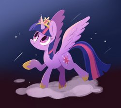 Size: 1718x1536 | Tagged: safe, artist:kuroorcas, twilight sparkle, alicorn, pony, g4, big crown thingy, cloud, crown, cutie mark, element of magic, female, gradient background, hoof shoes, hooves, horn, jewelry, looking up, mare, on a cloud, regalia, solo, spread wings, standing on a cloud, stars, tiara, twilight sparkle (alicorn), wings