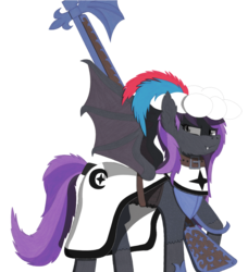 Size: 1532x1683 | Tagged: safe, oc, oc only, oc:lanceshaft, bat pony, pony, armor, arquebus, breastplate, chainmail, clothes, collar, corset, german, halberd, hoof shoes, landsknecht, mantle, musket, night guard, simple background, solo, story included, surcoat, teutonic knight, transparent background, two toned mane, weapon
