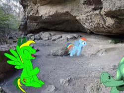 Size: 1024x768 | Tagged: safe, artist:didgereethebrony, rainbow dash, tank, oc, oc:didgeree, pony, g4, may the best pet win, cave, irl, kanangra boyd national park, laughing, mlp in australia, photo, ponies in real life, rock, smiling, smirk, stuck