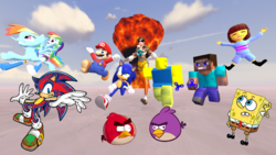 Size: 1024x576 | Tagged: safe, artist:alexandergantt, rainbow dash, oc, oc:joe the purple angry bird, oc:zock the vampire hedgehog, equestria girls, g4, 3d, angry birds, angry birds toons, cloud, cloudy, crossover, explosion, fanfic, fanfic request, fidget spinner, frisk, furry, furry oc, male, mario, minecraft, mr. oof, non-mlp oc, overwatch, recolor, red bird, roblox, self paradox, self ponidox, sky, sonic the hedgehog, sonic the hedgehog (series), spongebob squarepants, spongebob squarepants (character), steve, super mario bros., the ultimate fan-fiction challenge, tracer