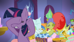 Size: 1909x1076 | Tagged: safe, screencap, sludge (g4), twilight sparkle, alicorn, dragon, pony, father knows beast, g4, covering eyes, duo, eyes closed, female, male, mare, pillow, stretching, twilight sparkle (alicorn), yawn