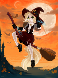 Size: 1620x2160 | Tagged: safe, artist:zlatavector, oc, oc only, bat, anthro, anthro oc, broom, digital art, female, flying, flying broomstick, full moon, halloween, hat, moon, pumpkin, solo, witch, witch hat