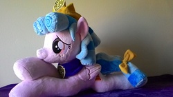 Size: 1600x900 | Tagged: safe, artist:masha05, cozy glow, pegasus, pony, g4, school raze, cozybetes, cute, empress, female, filly, irl, photo, plushie, smiling, toy