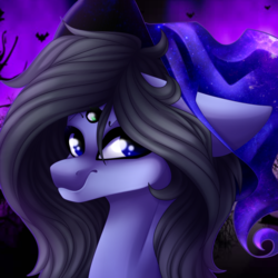 Size: 2000x2000 | Tagged: safe, artist:immagoddampony, oc, oc only, oc:eigii, pony, bust, female, hat, high res, mare, portrait, solo, witch hat