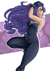 Size: 1700x2400 | Tagged: safe, artist:ponut_joe, rarity, human, equestria girls, equestria girls series, g4, the other side, armpits, bare shoulders, bodysuit, breasts, cleavage, clothes, eyeshadow, female, gloves, headphones, hips, human coloration, humanized, lidded eyes, makeup, sexy, sleeveless, smiling, solo, strapless, tan skin