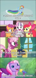 Size: 604x1296 | Tagged: safe, edit, edited screencap, screencap, apple bloom, cheerilee, rainbow dash, scootaloo, starsong, sweetie belle, a flurry of emotions, g3, g4, meet the ponies, one bad apple, season 1, season 3, season 7, starsong's dance & sing party, suited for success, 35th anniversary, and a beautiful starsong melody, caption, i hope we hear a story from cheerilee, rainbow dash always dresses in style, sweetie belle's magic brings a great big smile, theme song