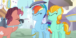 Size: 4960x2456 | Tagged: safe, artist:starlightdrop, lightning dust, rainbow dash, g4, alternate hairstyle, camera, eyes closed, female, lesbian, reporter, ship:rainbowdust, shipping, wedding band