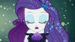 Size: 998x561 | Tagged: safe, screencap, rarity, equestria girls, g4, my little pony equestria girls: better together, the other side, animated, bare shoulders, beautiful, blowing, dust, fabulous, female, gem, gif, glitter, lidded eyes, music video, solo, sparkles