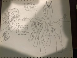 Size: 1280x960 | Tagged: safe, artist:lukewarmluke, part of a set, fluttershy, pinkie pie, pegasus, pony, g4, anal insertion, concerned, enema, female, fire hydrant, floppy ears, hose, inflation, insertion, internet, mare, monochrome, tablet, traditional art, water inflation