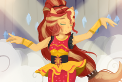 Size: 1500x1000 | Tagged: safe, artist:しょう, sunset shimmer, dance magic, equestria girls, g4, spoiler:eqg specials, alternate hairstyle, clothes, colored eyelashes, dance magic (song), dress, eyes closed, female, flamenco dress, music video, no more ponies at source, pixiv, scene interpretation, solo, spotlight, sunset shimmer flamenco dress
