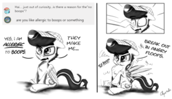 Size: 2500x1451 | Tagged: safe, artist:chopsticks, oc, oc only, oc:chopsticks, pegasus, pony, allergies, angry, boop, cheek fluff, chest fluff, clothes, comic, cute, dialogue, hat, hoof fluff, male, monochrome, non-consensual booping, reply, sitting, solo, surprised, text