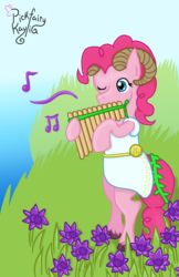 Size: 1024x1583 | Tagged: safe, artist:pickfairy, pinkie pie, earth pony, pony, g4, bipedal, clothes, female, flower, flute, greek mythology, music notes, musical instrument, one eye closed, pan (god), pan flute, ram horns, solo, toga