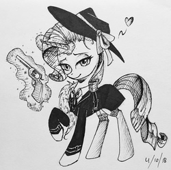 Size: 2825x2813 | Tagged: dead source, safe, artist:yuntaoxd, rarity, pony, unicorn, g4, rarity investigates, clothes, coat, detective rarity, female, gun, handgun, hat, heart, high res, levitation, looking at you, magic, monochrome, revolver, solo, stockings, telekinesis, thigh highs, traditional art, weapon