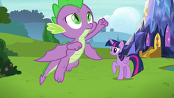 Size: 1280x720 | Tagged: safe, screencap, spike, twilight sparkle, alicorn, dragon, pony, father knows beast, g4, duo, female, flying, male, mare, raised hoof, twilight sparkle (alicorn), winged spike, wings