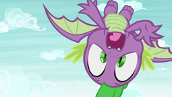Size: 1280x720 | Tagged: safe, screencap, spike, dragon, father knows beast, g4, cloud, falling, flying, looking at you, male, sky, solo, spread wings, upside down, waving, waving at you, winged spike, wings