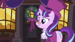 Size: 960x540 | Tagged: safe, screencap, pinkie pie, snowfall frost, spirit of hearth's warming presents, starlight glimmer, earth pony, pony, unicorn, a hearth's warming tail, g4, animated, clothes, cute, diapinkes, duo, female, gif, hat, mare, open mouth, raised hoof, smiling, top hat, wreath